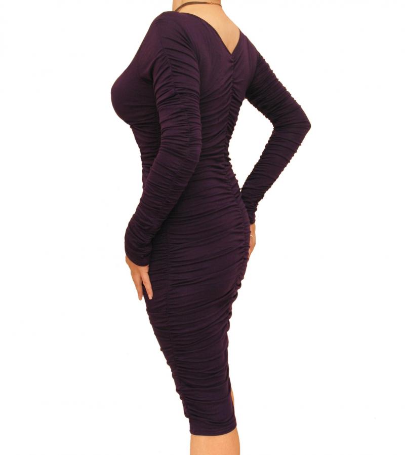 Purple Ruched V Neck Dress