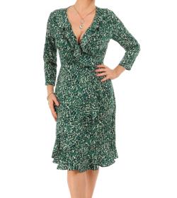 Green Print Ruffled Mock Wrap Dress