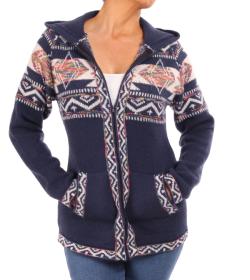 Navy Blue Aztec Zip up Hooded Cardigan