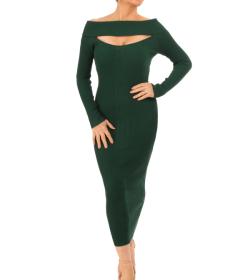 Dark Green Cable Knit off the Shoulder Jumper Dress