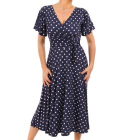 Navy Blue Spot Print Fit and Flare Flutter Sleeve Dress