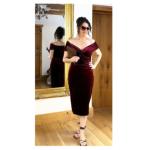 Wine Velour Bardot Dress