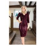 Wine Velour Sequin Knee Length Dress