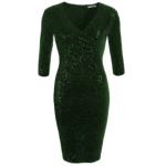 Bottle Green Velour Sequin Knee Length Dress