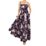 Navy Blue and Pink Floral Strappy Maxi Dress