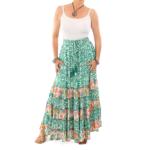 Green and Ivory Paisley Tiered Maxi Skirt