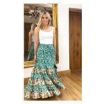 Green and Ivory Paisley Tiered Maxi Skirt