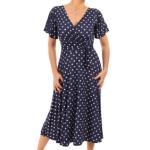 Navy Blue Spot Print Fit and Flare Flutter Sleeve Dress