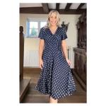 Navy Blue Spot Print Fit and Flare Flutter Sleeve Dress