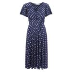 Navy Blue Spot Print Fit and Flare Flutter Sleeve Dress