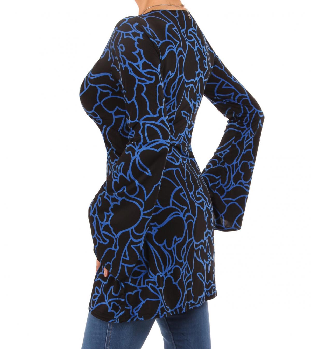 Blue Squiggle Print Bell Sleeve Tunic Top