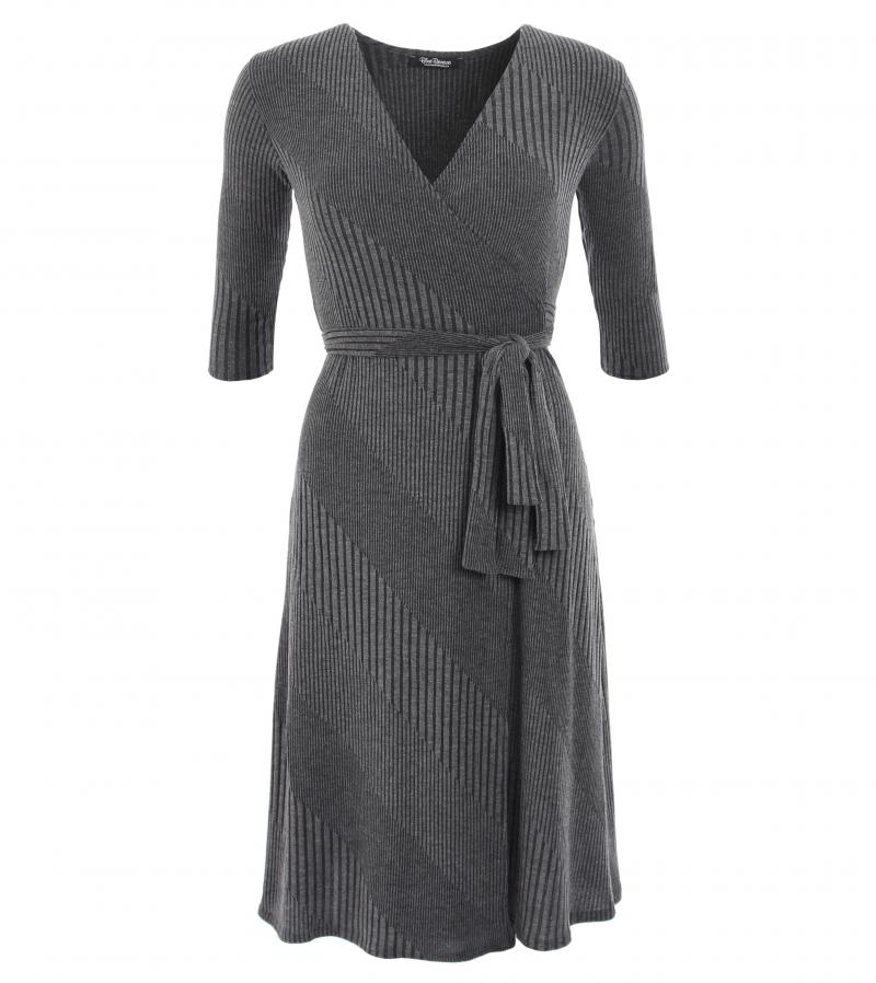 Grey Ribbed Knitted Wrap Dress