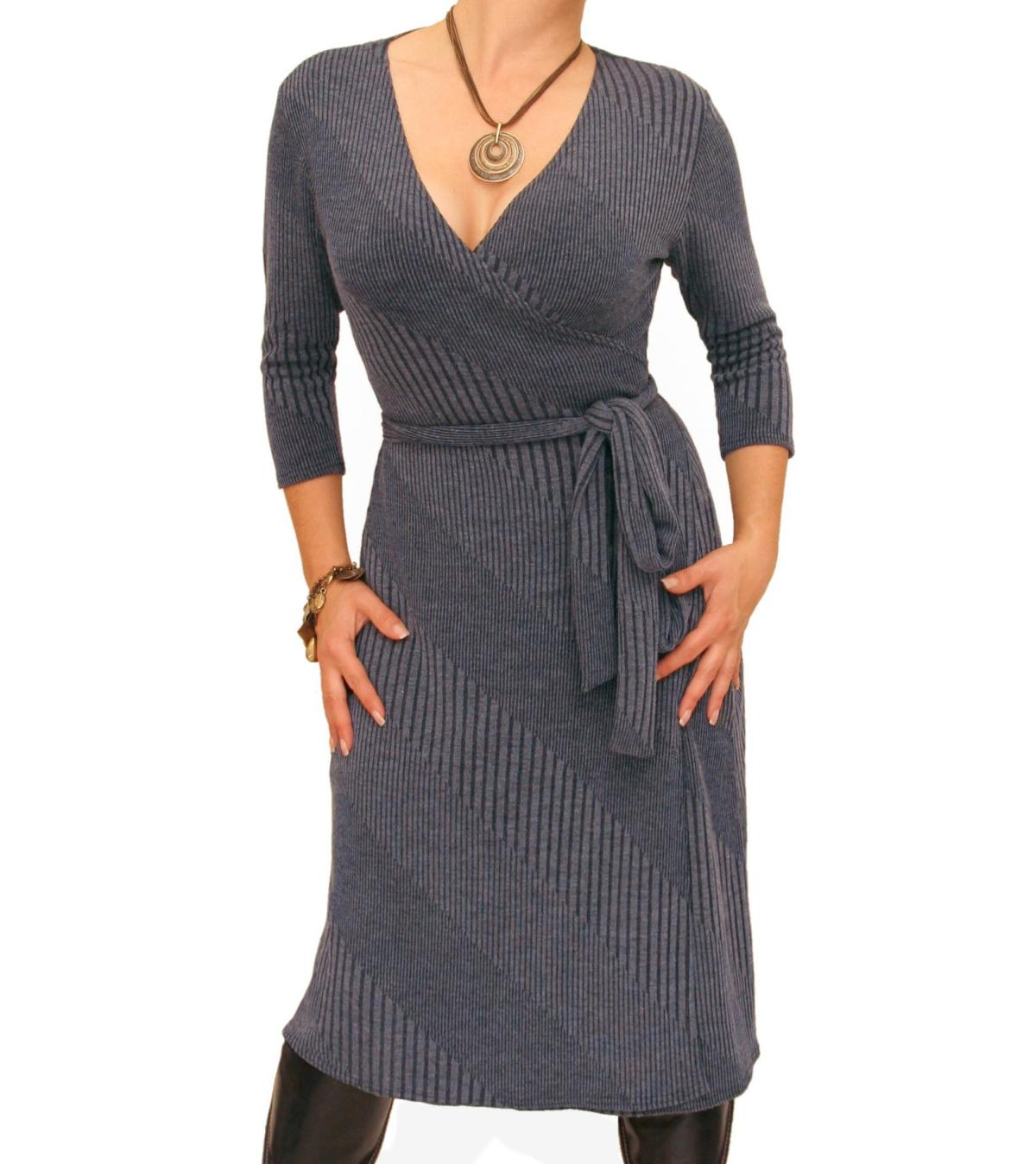 Grey Ribbed Knitted Wrap Dress