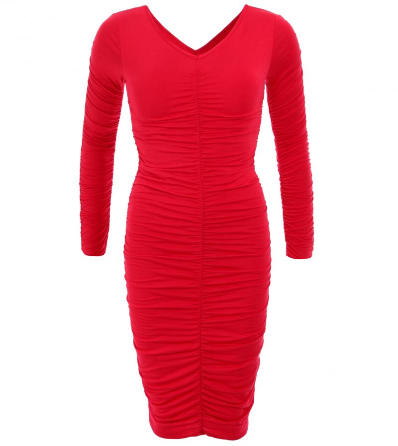 Red Ruched V Neck Dress