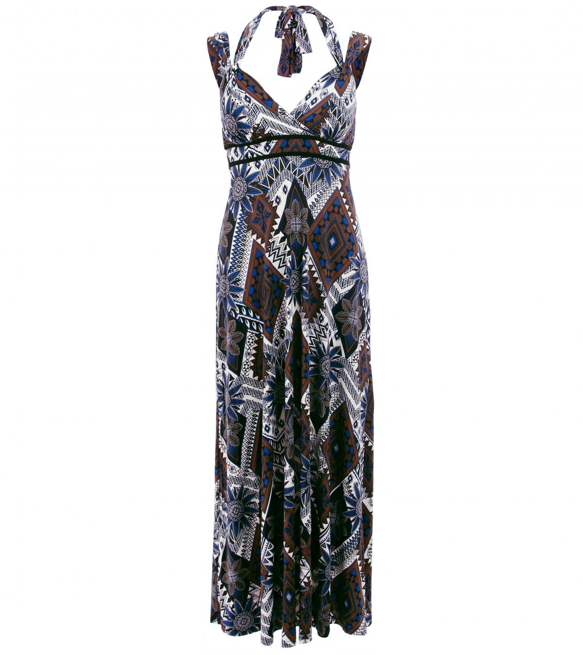 Navy Blue and Mocha Ethnic Print Maxi Dress