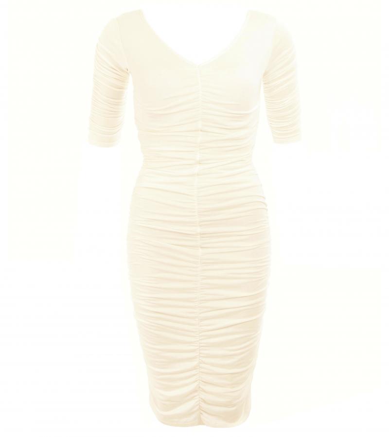 Ivory Ruched V Neck Dress