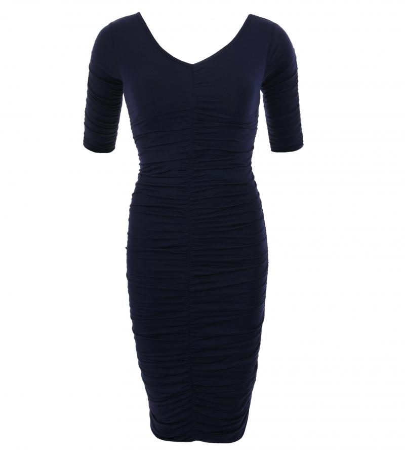 Navy Blue Ruched V Neck Dress