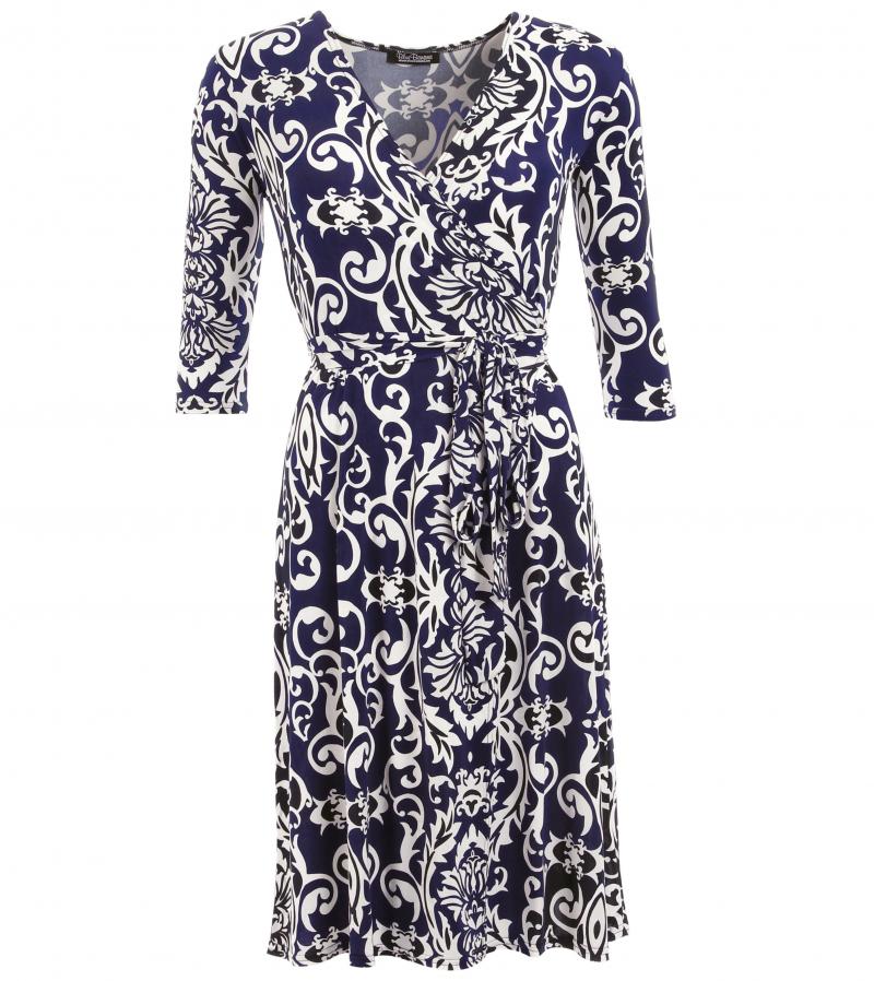 Navy and Ivory Print Wrap Dress