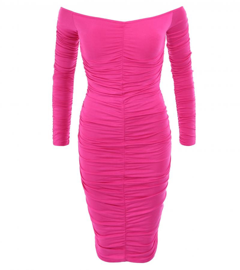 Cerise Pink off the Shoulder Ruched Dress