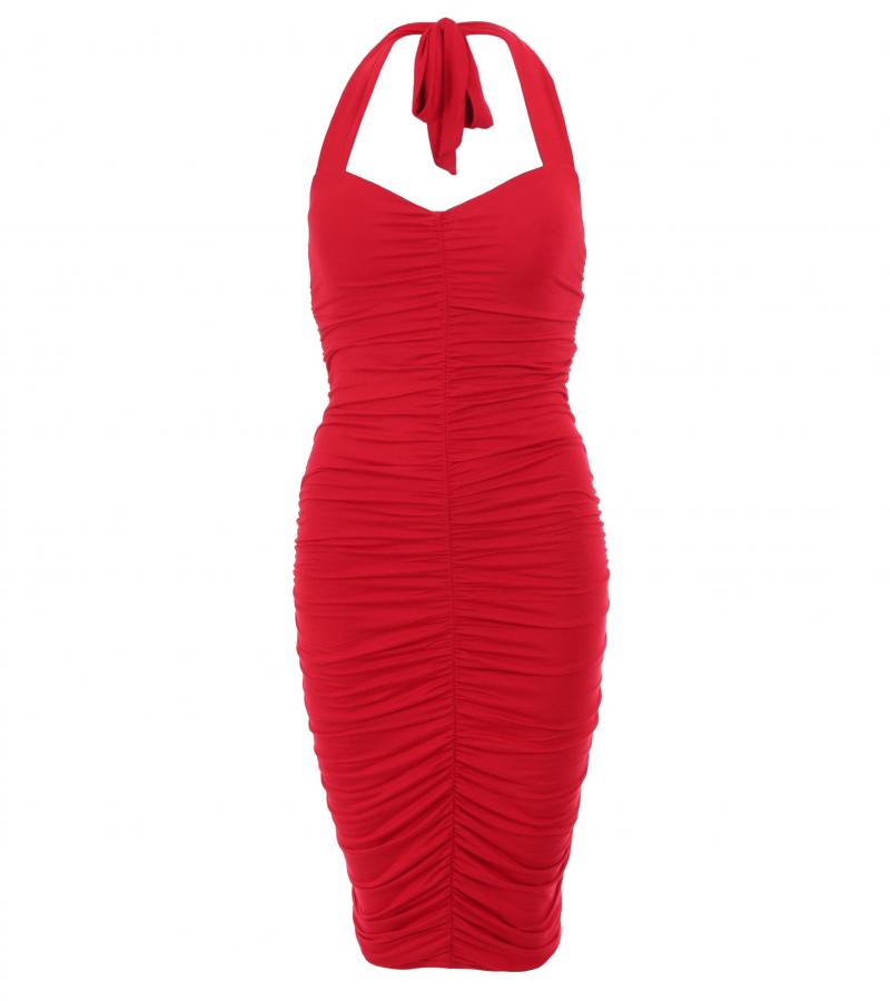 Red Ruched Halter Neck Dress