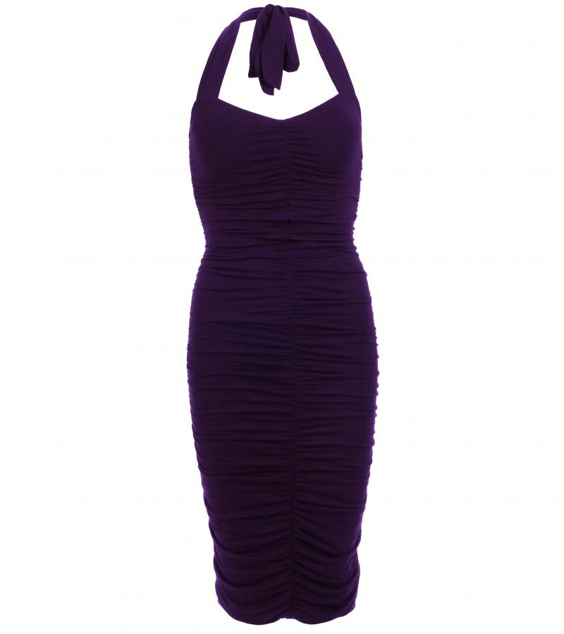 Dark Purple Ruched Halter Neck Dress