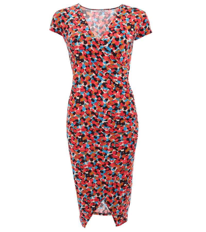 Red Spotty Print Ruched Mock Wrap Dress