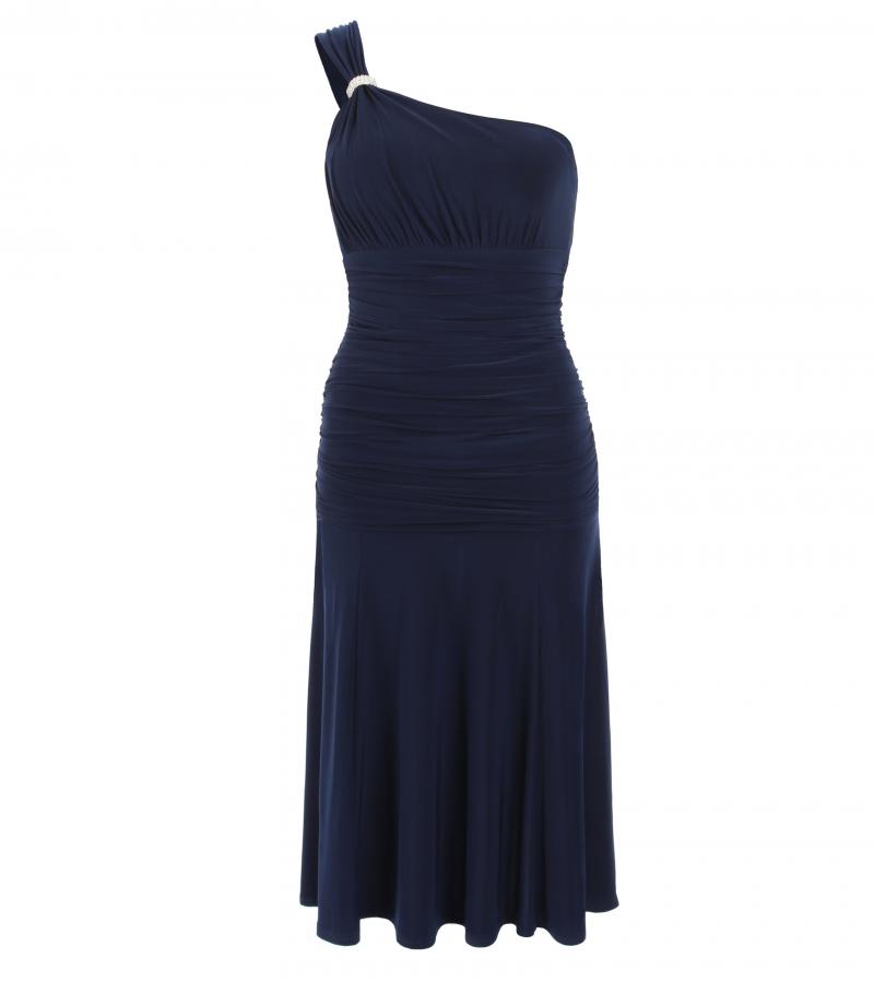 Navy Blue Crystal Diamante One Shoulder Cocktail Dress