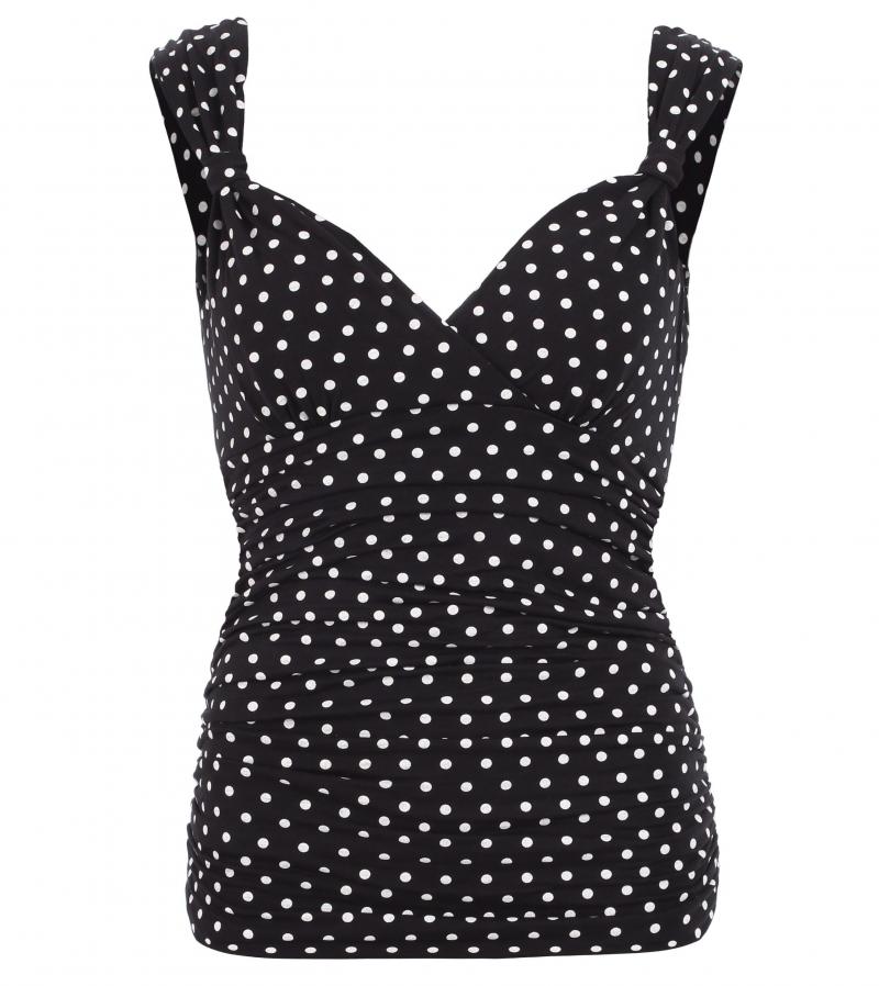 Black and White Spot Print V Neck Ruched Top