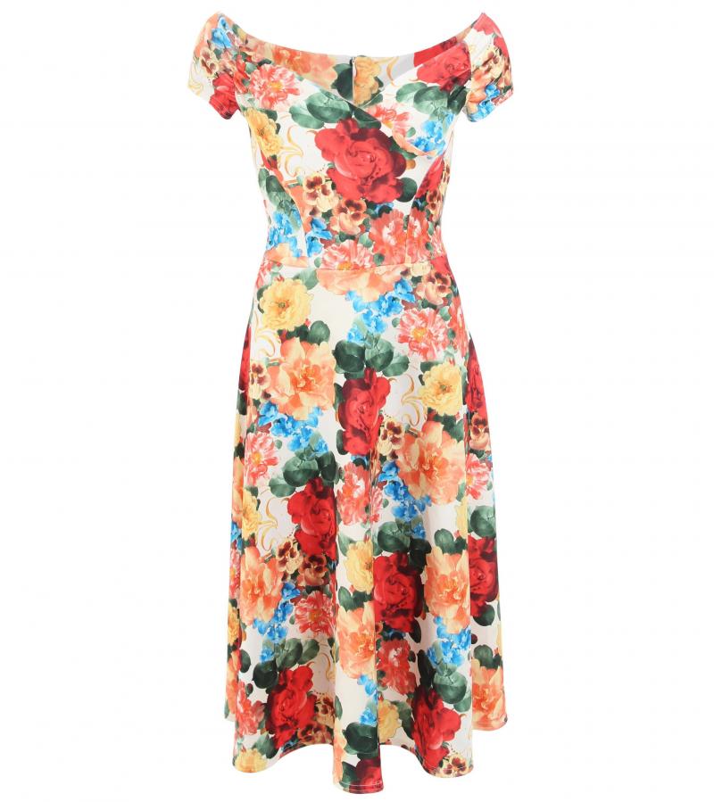 Vintage Floral Print Bardot Dress