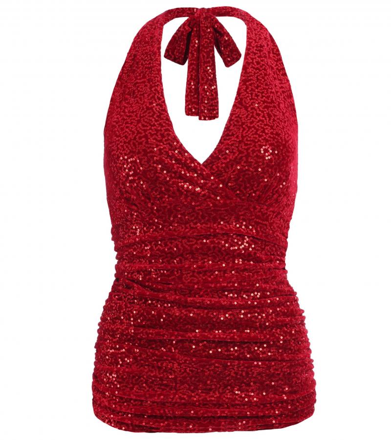 Red Velour Sequin Figure Hugging Halter Top