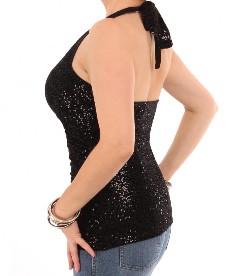 Black Velour Sequin Figure Hugging Halter Top