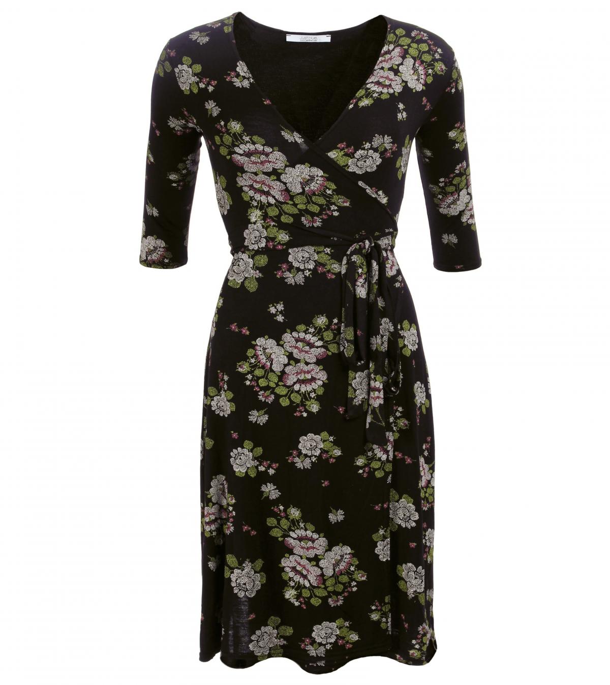 Black and Green Floral Print Wrap Dress