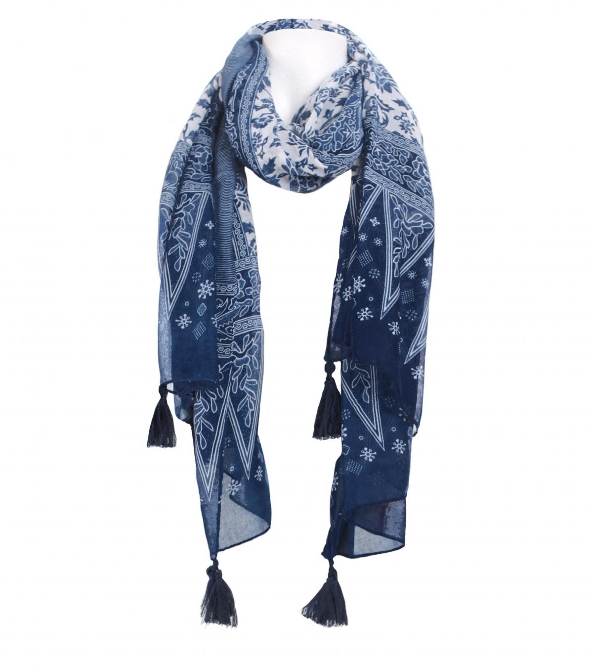 Blue and White Printed Tassel Scarf / Sarong