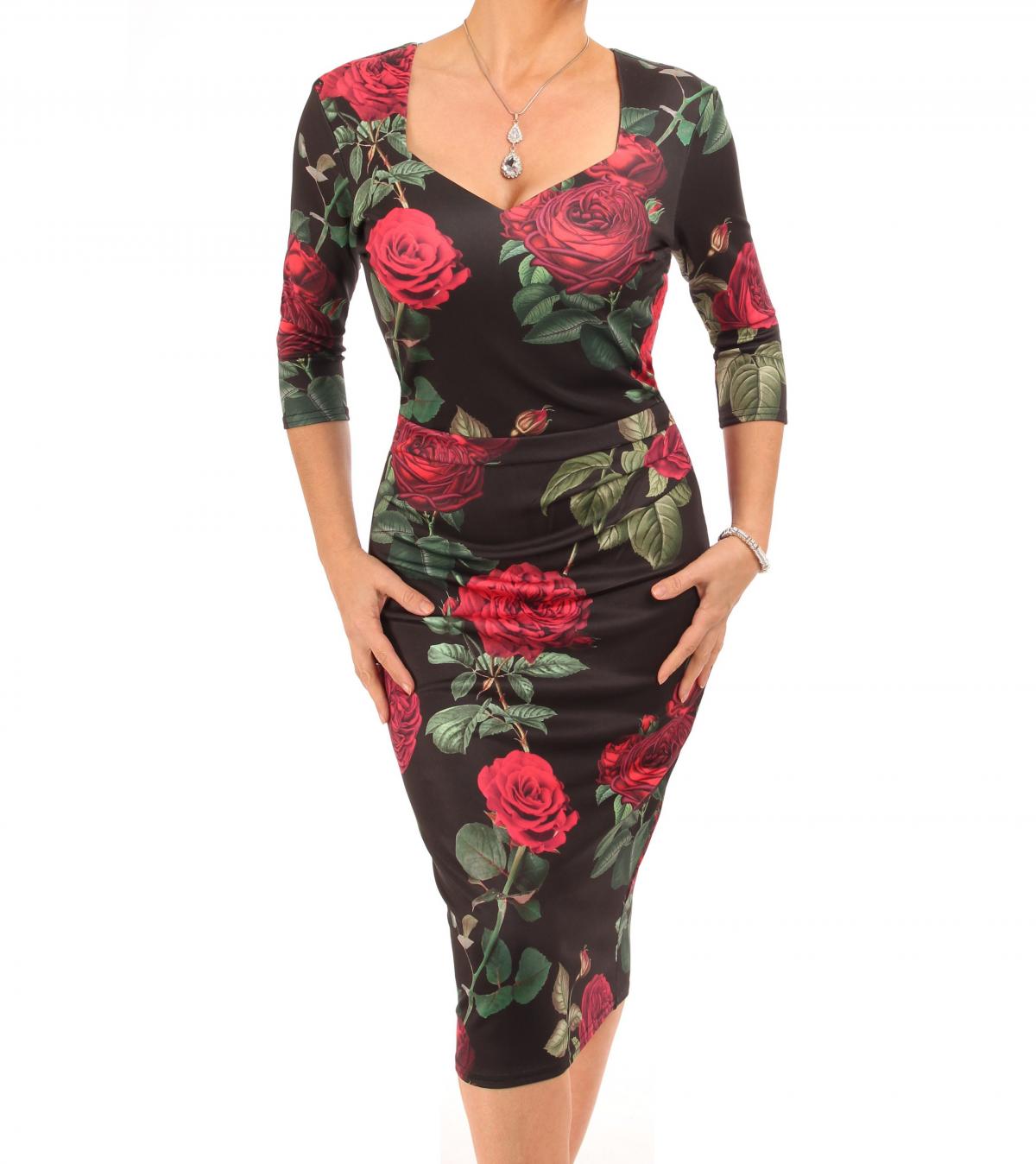 long black dress with red roses