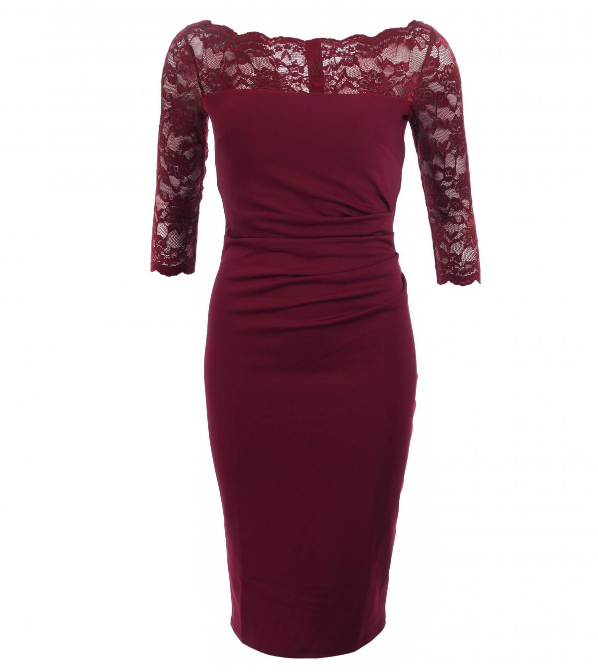 Wine Lace Detail Ruched Dress