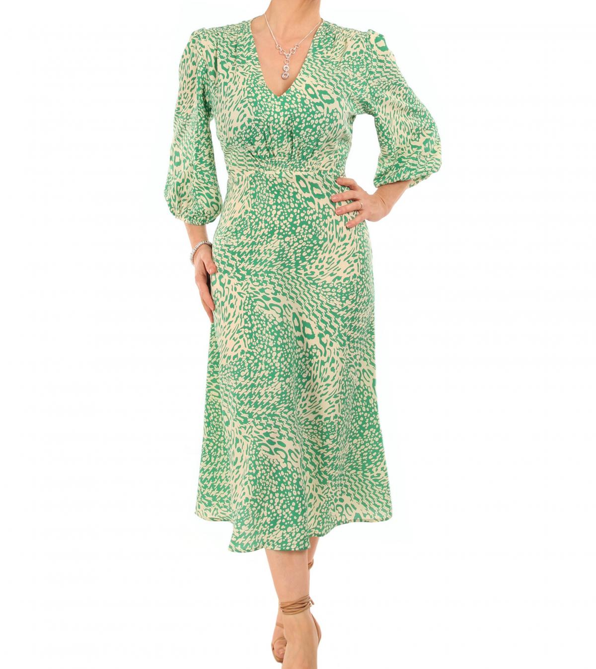 Green Print Puffed Sleeve Midi Dress