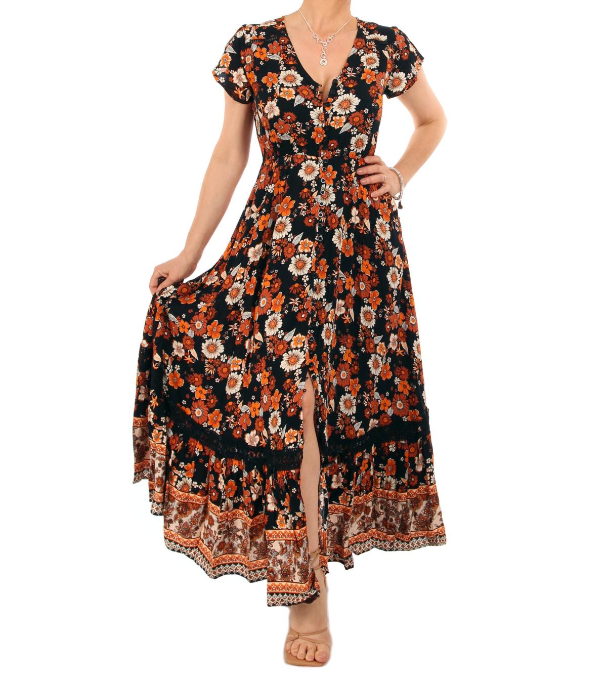 Orange Border Print Button Through Maxi Dress