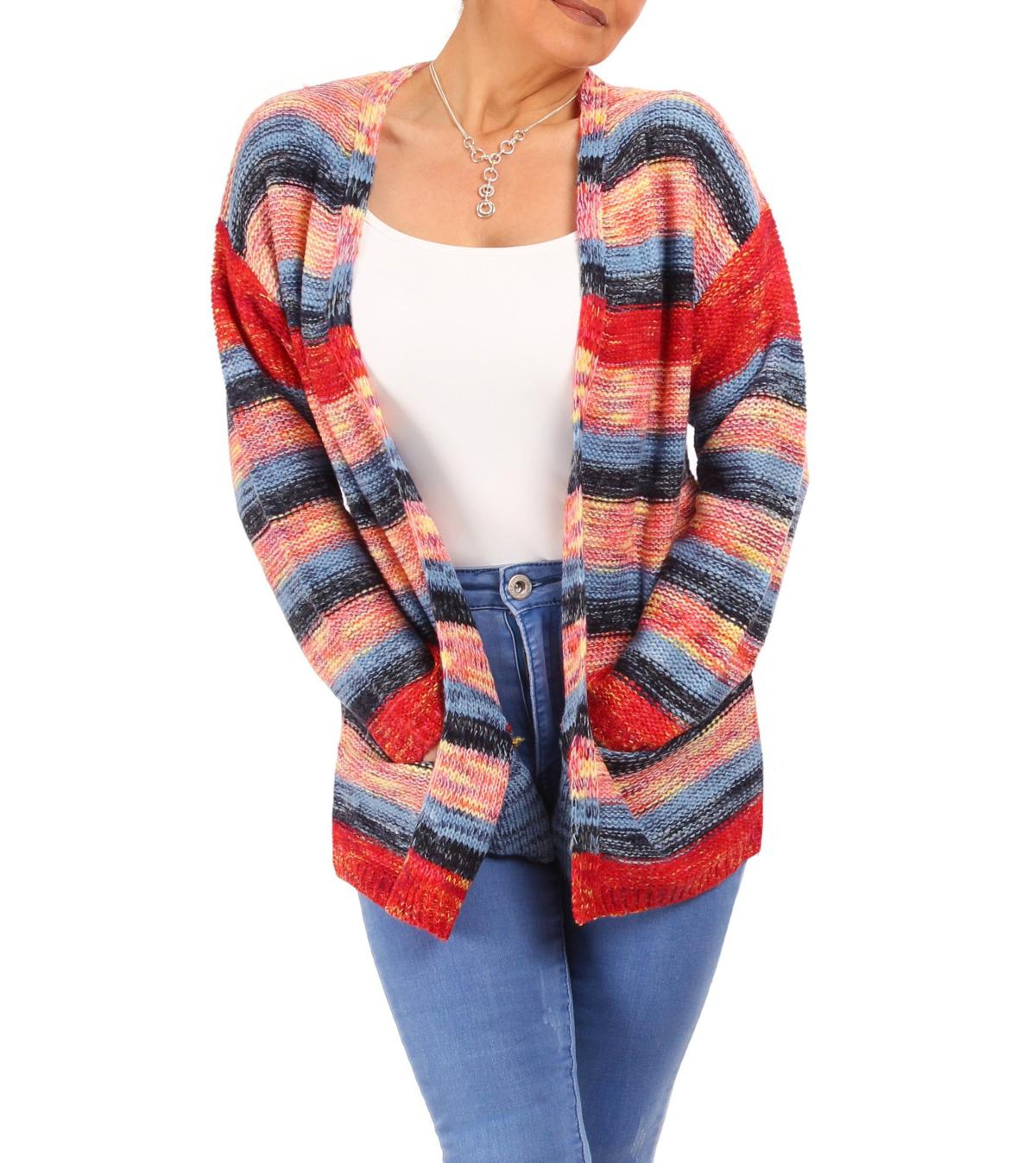 Red and Blue Mix Striped Open Cardigan